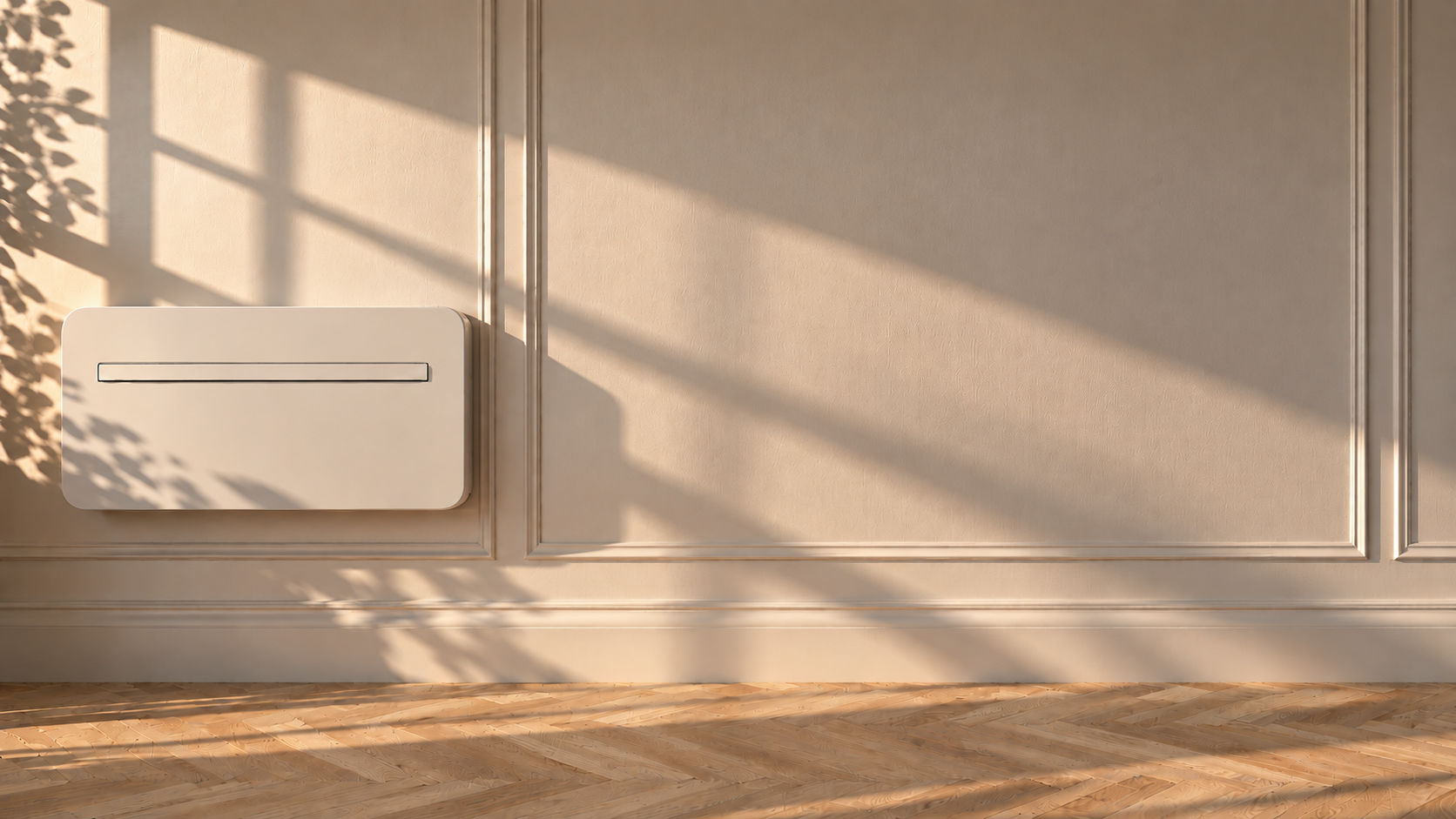 Sonniger Innenraum mit Carlo-Wandpanel, Stuckrahmen und Lichtschatten auf dem Parkett