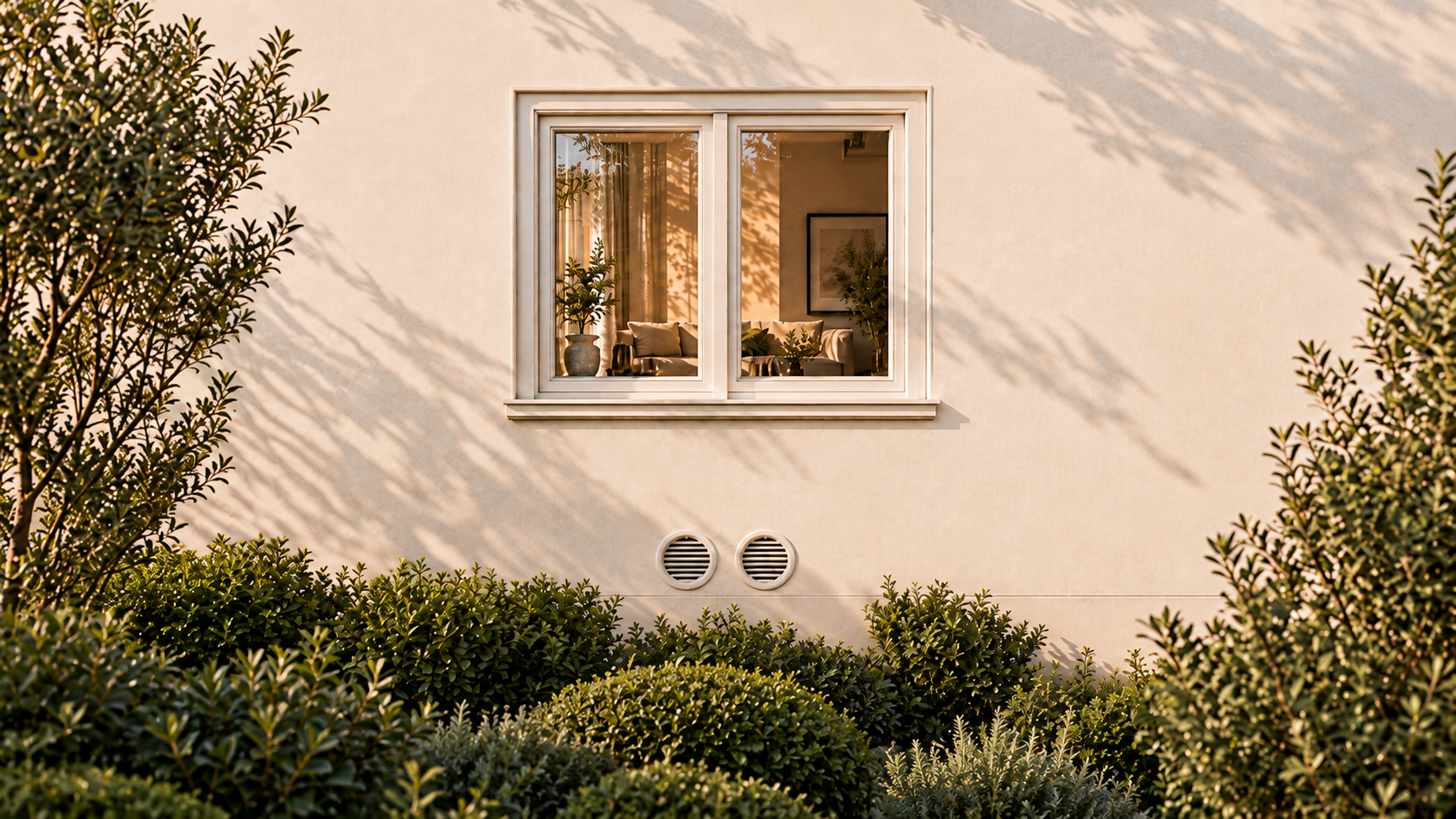 Beige Fassade im warmen Abendlicht mit weiß gerahmtem Fenster, zwei runden Luftöffnungen darunter und grünen Sträuchern davor