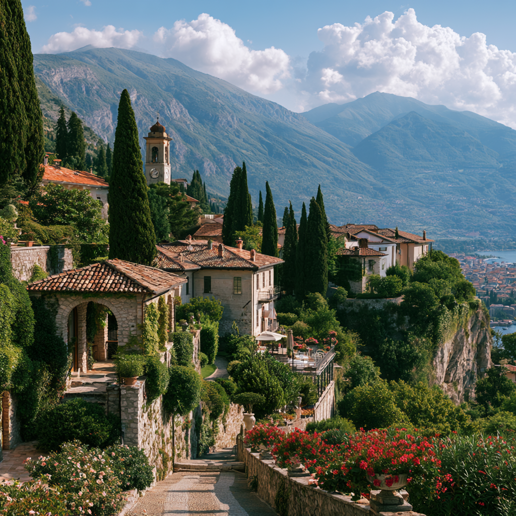 Italienischer Terrassengarten mit Steinbögen, Zypressen und Blick über einen See
