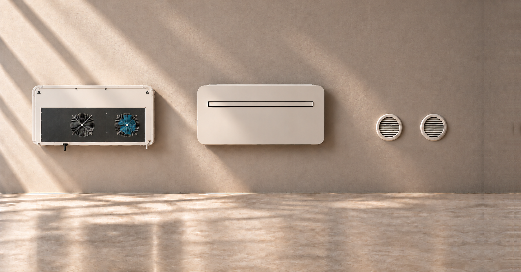 Sonniger Raum mit warmer Putzwand und Spiegelboden: Klimagerät, Monoblock und zwei runde Luftgitter in einer Reihe an der Wand